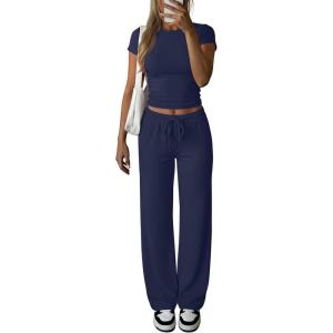 imageANRABESS Womens 2 Piece Summer Matching Lounge Sets Wide Leg Pants Ruched Crop Tops Sweatsuits Sets Spring Travel ClothesNavy Blue