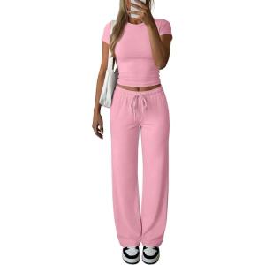 imageANRABESS Womens 2 Piece Summer Matching Lounge Sets Wide Leg Pants Ruched Crop Tops Sweatsuits Sets Spring Travel ClothesPink