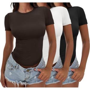 imageANRABESS Womens 3 Pack Short Sleeve Shirts 2026 Crop Tops Tight Fitted Basic Tees Workout T Shirts Y2k Clothes Summer OutfitBlackwhitedeep Brown