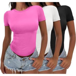 imageANRABESS Womens 3 Pack Short Sleeve Shirts 2026 Crop Tops Tight Fitted Basic Tees Workout T Shirts Y2k Clothes Summer OutfitBlackwhitehot Pink