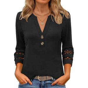 imageANRABESS Womens 34 Length Lace Sleeve Tops Henley V Neck Shirts Dressy Casual Business Blouses 2026 Spring TShirts OutfitsBlack