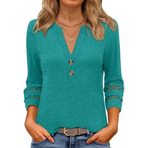 imageANRABESS Womens 34 Length Lace Sleeve Tops Henley V Neck Shirts Dressy Casual Business Blouses 2026 Spring TShirts OutfitsCyan Green