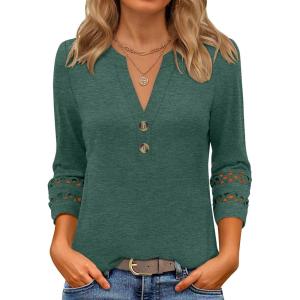 imageANRABESS Womens 34 Length Lace Sleeve Tops Henley V Neck Shirts Dressy Casual Business Blouses 2026 Spring TShirts OutfitsForest Green