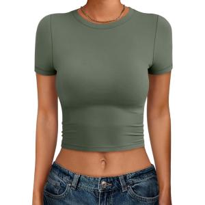 imageANRABESS Womens Basic Tee Summer Outfits Crewneck Short Sleeve Crop Tops Slim Fitted T Shirts Y2k 2026 Trendy ClothingArmy Green