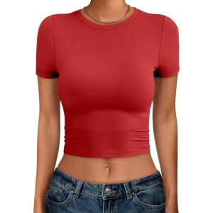 imageANRABESS Womens Basic Tee Summer Outfits Crewneck Short Sleeve Crop Tops Slim Fitted T Shirts Y2k 2026 Trendy ClothingBright Red