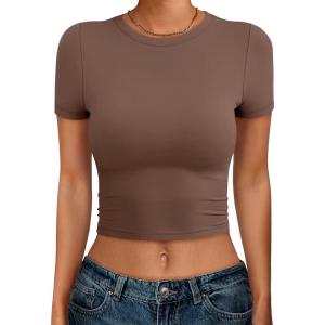 imageANRABESS Womens Basic Tee Summer Outfits Crewneck Short Sleeve Crop Tops Slim Fitted T Shirts Y2k 2026 Trendy ClothingBrown