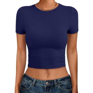 imageANRABESS Womens Basic Tee Summer Outfits Crewneck Short Sleeve Crop Tops Slim Fitted T Shirts Y2k 2026 Trendy ClothingDark Blue