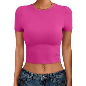 imageANRABESS Womens Basic Tee Summer Outfits Crewneck Short Sleeve Crop Tops Slim Fitted T Shirts Y2k 2026 Trendy ClothingHot Pink