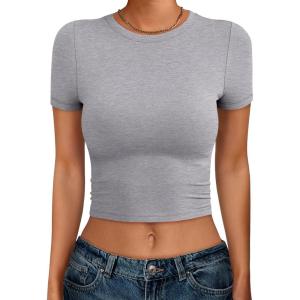 imageANRABESS Womens Basic Tee Summer Outfits Crewneck Short Sleeve Crop Tops Slim Fitted T Shirts Y2k 2026 Trendy ClothingLight Gray