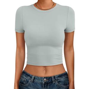 imageANRABESS Womens Basic Tee Summer Outfits Crewneck Short Sleeve Crop Tops Slim Fitted T Shirts Y2k 2026 Trendy ClothingLight Green