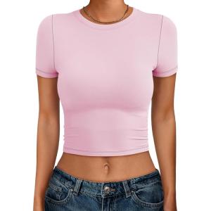imageANRABESS Womens Basic Tee Summer Outfits Crewneck Short Sleeve Crop Tops Slim Fitted T Shirts Y2k 2026 Trendy ClothingLight Pink
