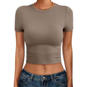 imageANRABESS Womens Basic Tee Summer Outfits Crewneck Short Sleeve Crop Tops Slim Fitted T Shirts Y2k 2026 Trendy ClothingLight Tan