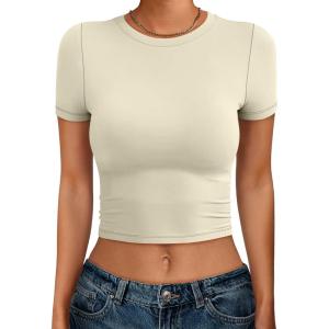 imageANRABESS Womens Basic Tee Summer Outfits Crewneck Short Sleeve Crop Tops Slim Fitted T Shirts Y2k 2026 Trendy ClothingParchment
