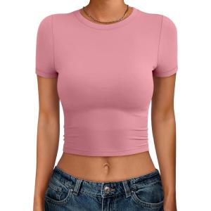 imageANRABESS Womens Basic Tee Summer Outfits Crewneck Short Sleeve Crop Tops Slim Fitted T Shirts Y2k 2026 Trendy ClothingPink