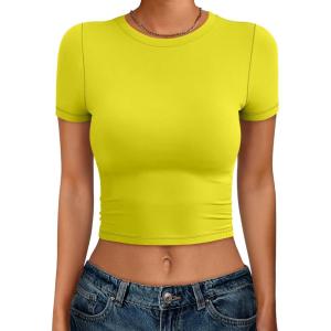 imageANRABESS Womens Basic Tee Summer Outfits Crewneck Short Sleeve Crop Tops Slim Fitted T Shirts Y2k 2026 Trendy ClothingYellow