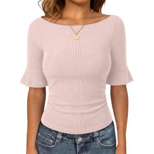 imageANRABESS Womens Boat Neck Bell Short Sleeve Shirts Ruched Crop Dressy Work Blouse Business Casual Top 2026 Spring ClothingApricot