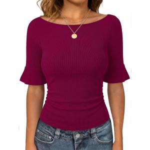 imageANRABESS Womens Boat Neck Bell Short Sleeve Shirts Ruched Crop Dressy Work Blouse Business Casual Top 2026 Spring ClothingDeep Red