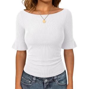 imageANRABESS Womens Boat Neck Bell Short Sleeve Shirts Ruched Crop Dressy Work Blouse Business Casual Top 2026 Spring ClothingWhite