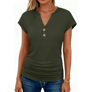 imageANRABESS Womens Cap Sleeve Henley Shirts V Neck Ruched Side Top 2026 Summer Dressy Work Blouse Business Casual OutfitsArmy Green