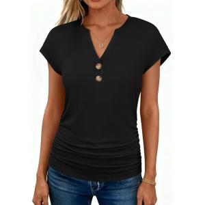imageANRABESS Womens Cap Sleeve Henley Shirts V Neck Ruched Side Top 2026 Summer Dressy Work Blouse Business Casual OutfitsBlack