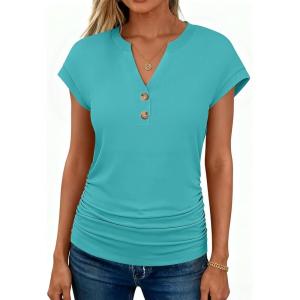 imageANRABESS Womens Cap Sleeve Henley Shirts V Neck Ruched Side Top 2026 Summer Dressy Work Blouse Business Casual OutfitsCadet Blue