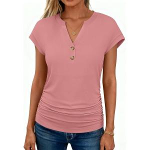 imageANRABESS Womens Cap Sleeve Henley Shirts V Neck Ruched Side Top 2026 Summer Dressy Work Blouse Business Casual OutfitsCoral Pink