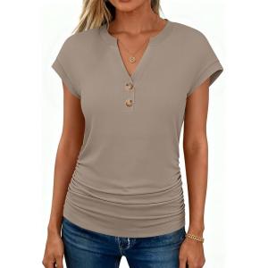 imageANRABESS Womens Cap Sleeve Henley Shirts V Neck Ruched Side Top 2026 Summer Dressy Work Blouse Business Casual OutfitsLight Brown