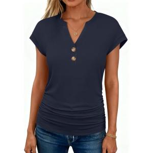 imageANRABESS Womens Cap Sleeve Henley Shirts V Neck Ruched Side Top 2026 Summer Dressy Work Blouse Business Casual OutfitsNavy Blue