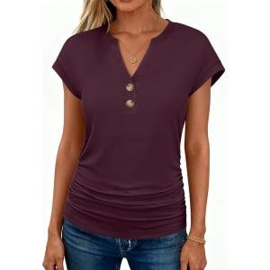 imageANRABESS Womens Cap Sleeve Henley Shirts V Neck Ruched Side Top 2026 Summer Dressy Work Blouse Business Casual OutfitsPurple Red