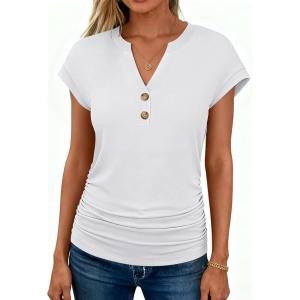 imageANRABESS Womens Cap Sleeve Henley Shirts V Neck Ruched Side Top 2026 Summer Dressy Work Blouse Business Casual OutfitsWhite