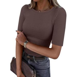 imageANRABESS Womens Half Sleeve Crewneck Tops Ribbed Knit Slim Fit Shirts Basic Tee 2026 Spring Summer Dressy Casual TShirtsCoffee