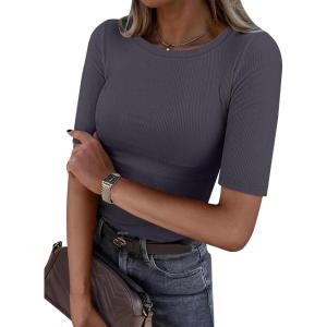imageANRABESS Womens Half Sleeve Crewneck Tops Ribbed Knit Slim Fit Shirts Basic Tee 2026 Spring Summer Dressy Casual TShirtsDeep Grey