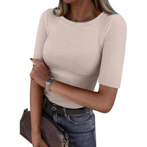 imageANRABESS Womens Half Sleeve Crewneck Tops Ribbed Knit Slim Fit Shirts Basic Tee 2026 Spring Summer Dressy Casual TShirtsLight Apricot