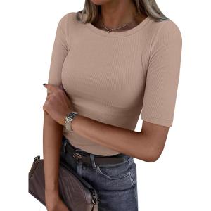imageANRABESS Womens Half Sleeve Crewneck Tops Ribbed Knit Slim Fit Shirts Basic Tee 2026 Spring Summer Dressy Casual TShirtsLight Khaki