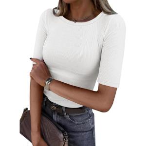 imageANRABESS Womens Half Sleeve Crewneck Tops Ribbed Knit Slim Fit Shirts Basic Tee 2026 Spring Summer Dressy Casual TShirtsWhite