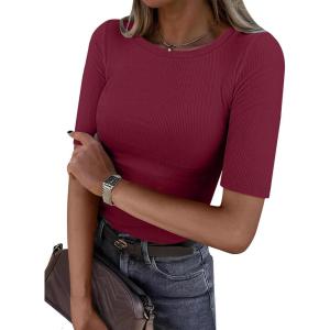 imageANRABESS Womens Half Sleeve Crewneck Tops Ribbed Knit Slim Fit Shirts Basic Tee 2026 Spring Summer Dressy Casual TShirtsWine Red