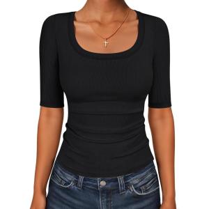 imageANRABESS Womens Half Sleeve Tops Scoop Neck Ribbed Knit Slim Fitted Basic Tee Shirts Summer 2026 Trendy Spring Casual ClothesBlack