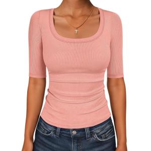imageANRABESS Womens Half Sleeve Tops Scoop Neck Ribbed Knit Slim Fitted Basic Tee Shirts Summer 2026 Trendy Spring Casual ClothesCoral
