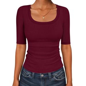 imageANRABESS Womens Half Sleeve Tops Scoop Neck Ribbed Knit Slim Fitted Basic Tee Shirts Summer 2026 Trendy Spring Casual ClothesDeep Red