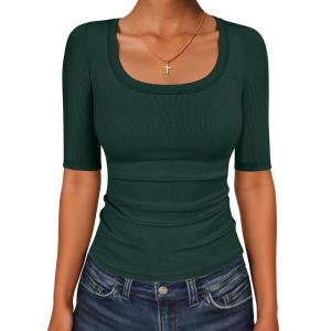 imageANRABESS Womens Half Sleeve Tops Scoop Neck Ribbed Knit Slim Fitted Basic Tee Shirts Summer 2026 Trendy Spring Casual ClothesForest Green