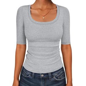 imageANRABESS Womens Half Sleeve Tops Scoop Neck Ribbed Knit Slim Fitted Basic Tee Shirts Summer 2026 Trendy Spring Casual ClothesGrey