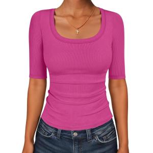 imageANRABESS Womens Half Sleeve Tops Scoop Neck Ribbed Knit Slim Fitted Basic Tee Shirts Summer 2026 Trendy Spring Casual ClothesHot Pink