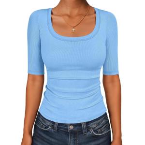 imageANRABESS Womens Half Sleeve Tops Scoop Neck Ribbed Knit Slim Fitted Basic Tee Shirts Summer 2026 Trendy Spring Casual ClothesSky Blue
