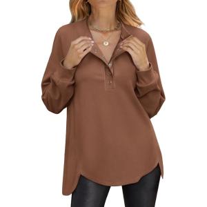 imageANRABESS Womens Long Sleeve Henley Tops Tunic Sweatshirt Loose Slit Casual Button Shirts Pullover 2026 Spring Winter OutfitsCaramel