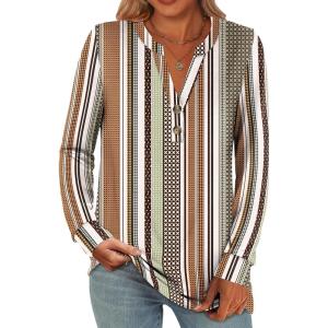imageANRABESS Womens Long Sleeve Shirts Henley Tops Dressy Casual Blouse Trendy 2025 Fall Clothes Spring Vacation OutfitsBrown White Strip