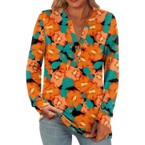 imageANRABESS Womens Long Sleeve Shirts Henley Tops Dressy Casual Blouse Trendy 2025 Fall Clothes Spring Vacation OutfitsTeal Orange Floral