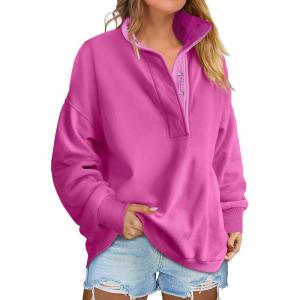 imageANRABESS Womens Oversized Sweatshirt Long Sleeve Henley Pullover Tops 2026 Spring Casual Button Loose Fit Teens OutfitsHot Pink