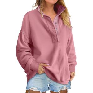 imageANRABESS Womens Oversized Sweatshirt Long Sleeve Henley Pullover Tops 2026 Spring Casual Button Loose Fit Teens OutfitsPink