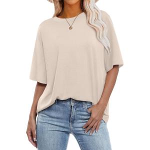 imageANRABESS Womens Oversized T Shirts Short Sleeve Crewneck Tops Casual Loose Basic Tee Shirts 2026 Summer Trendy OutfitsAlmond