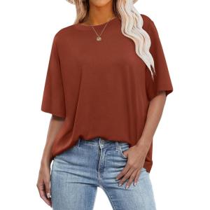 imageANRABESS Womens Oversized T Shirts Short Sleeve Crewneck Tops Casual Loose Basic Tee Shirts 2026 Summer Trendy OutfitsBrick Red